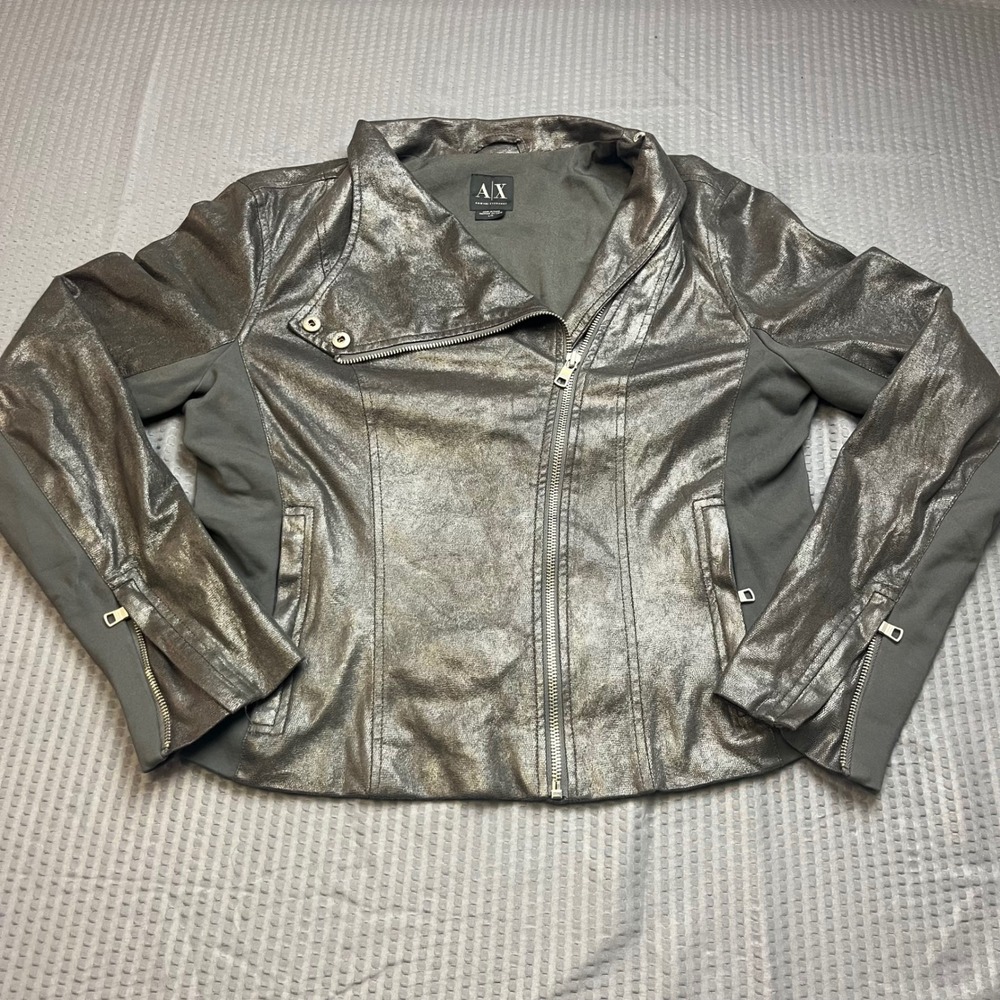 Armani Exchange Women's L/G Metallic Silver Moto Faux Jacket Biker Zipper Large